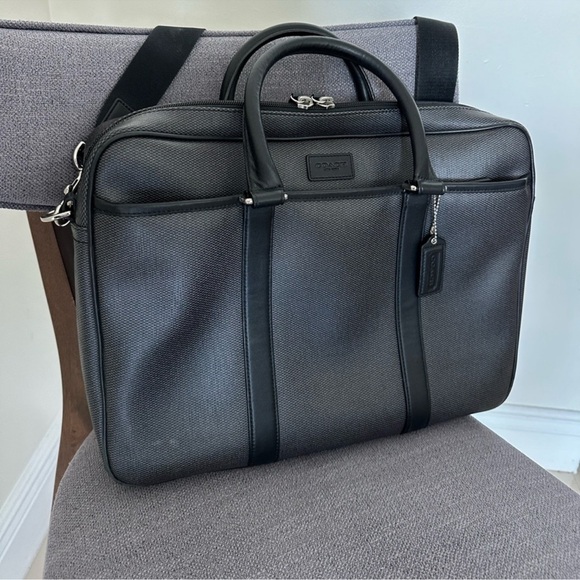 COACH Perry Black & Grey Men's Crossgrain Saffiano Leather Briefcase Laptop Bag - Picture 2 of 3